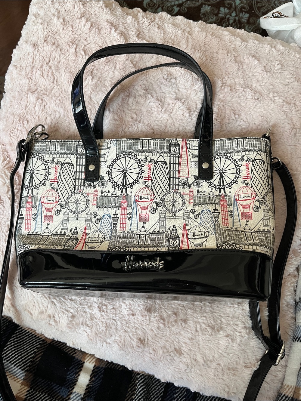 Harrods Black, Cream and Red London Landmark Print Crossbody Tote
